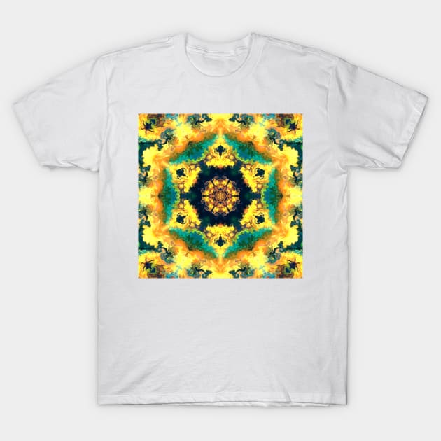 Psychedelic Kaleidoscope Yellow Blue and Green T-Shirt by WormholeOrbital